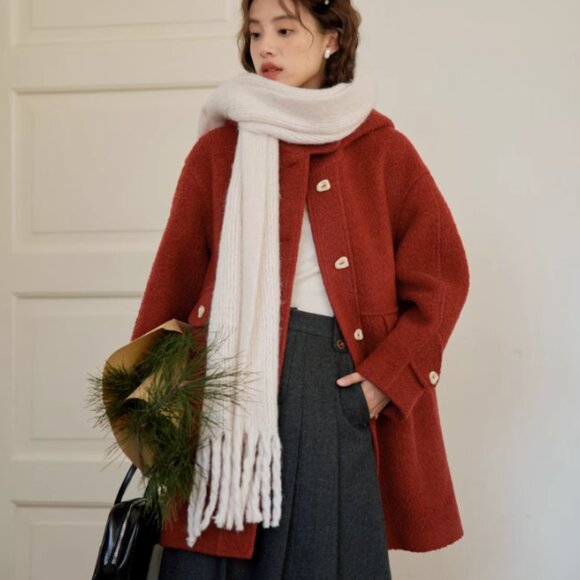 Nov Elist Winter Red Vintage Hooded Loose Mid-Length Wool Coat NWT - Picture 1 of 9